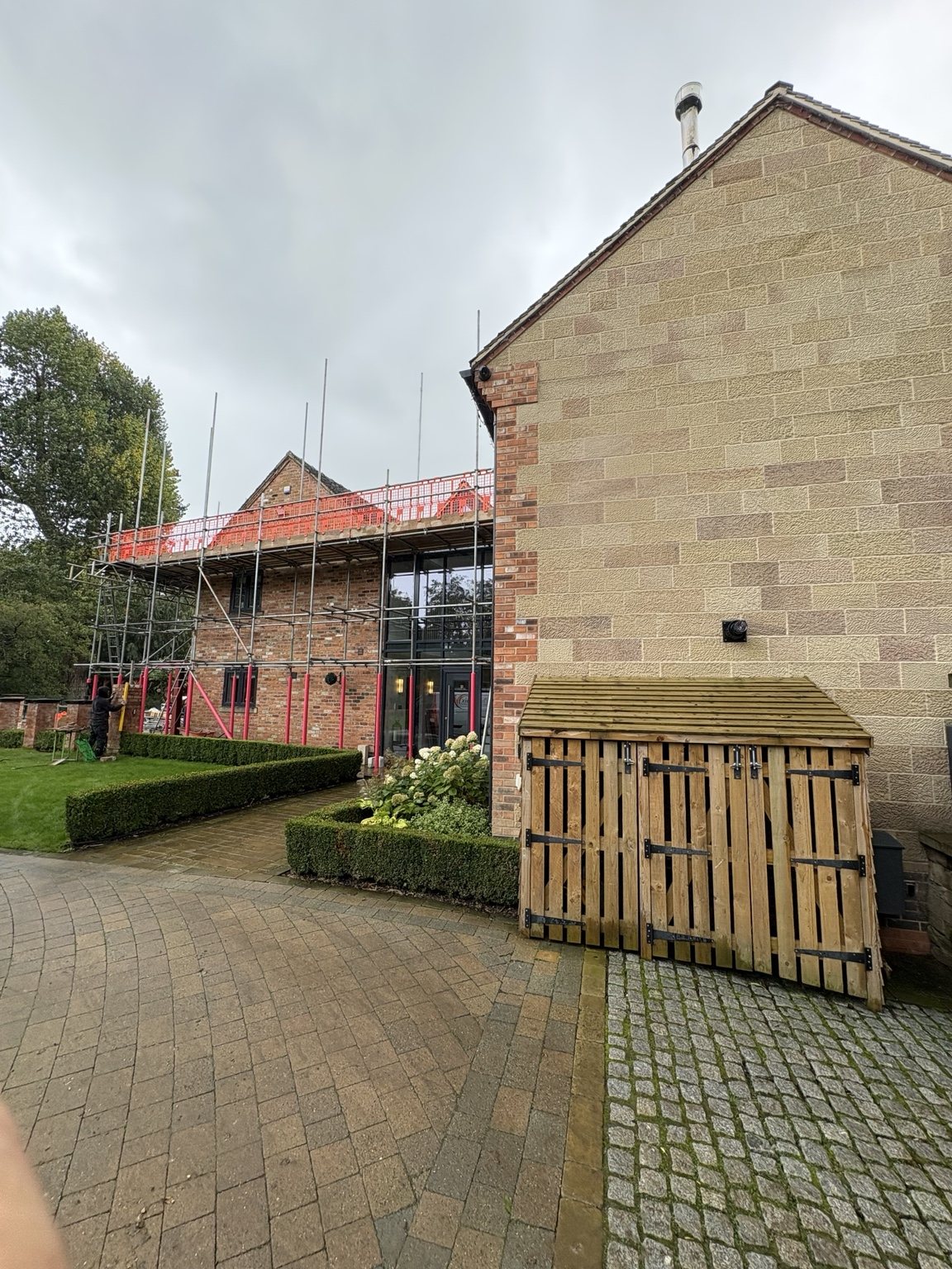 Side elevation of South View with scaffolding for building work